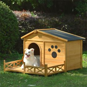 48" Wooden Dog House Outdoor with Porch, Dog Kennel with Water-Resistant Asphalt Roof and Fencing,Indoor & Outdoor Dog Crate with Paw Print, Medi
